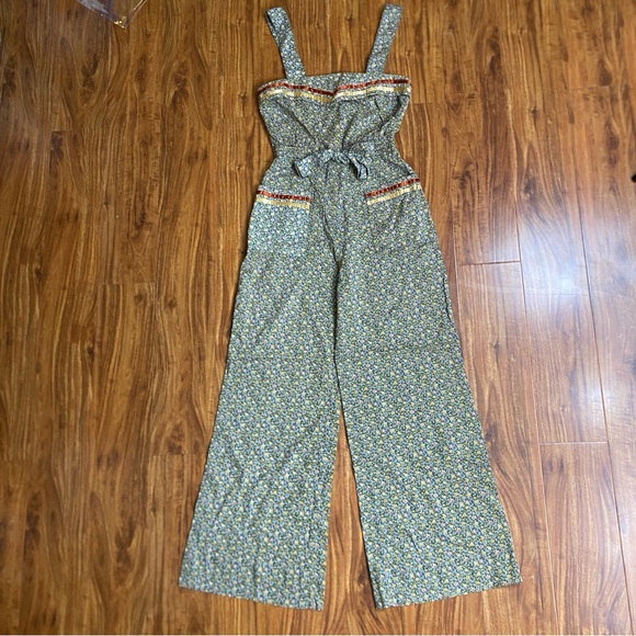 Vintage Pants - Vintage Young Eduardian by Arpeja Green Floral Wide Leg Pant Jumpsuit XS Boho